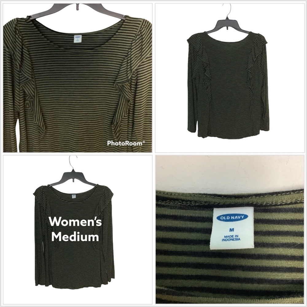 Women's Old Navy M Medium 8 - 10 Crew Shirt Stripes Black Olive Long Sleeve